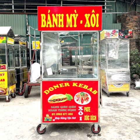 Xe xôi bánh mì mái bằng với mặt kính cường lực và bàn gấp phụ