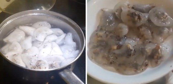 alt text: Bánh bột lọc nhân thịt đang được luộc chín trong nước sôi