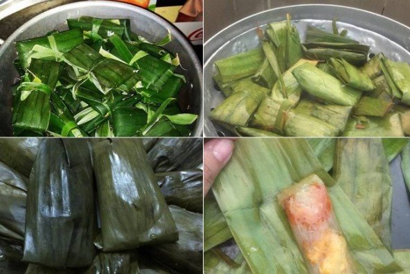 alt text: Bánh bột lọc nhân thịt gói lá chuối đang được hấp chín trong xửng