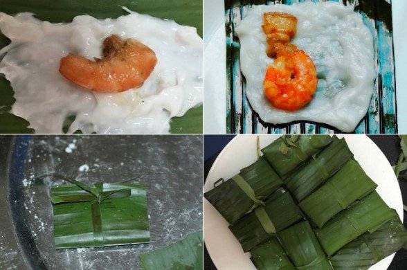 alt text: Kỹ thuật gói bánh bột lọc nhân thịt tôm bằng lá chuối truyền thống