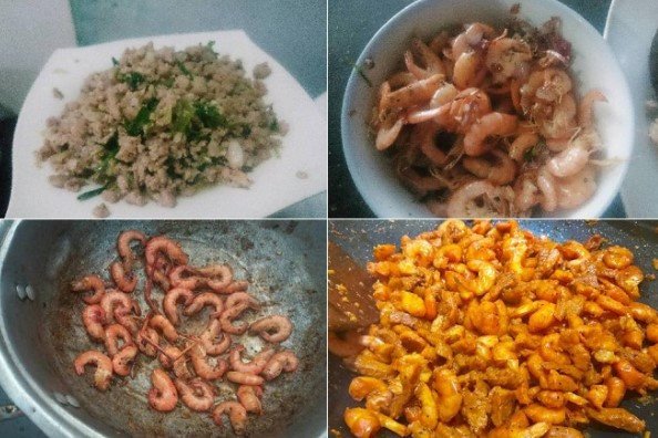 alt text: Nhân tôm thịt đậm đà đã được xào chín, sẵn sàng gói bánh bột lọc