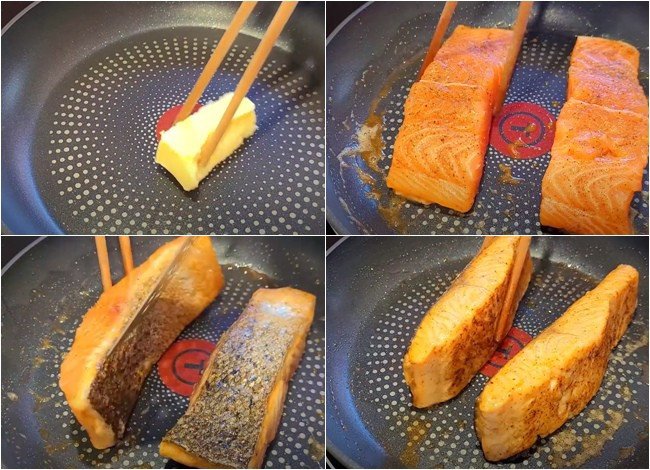 Áp chảo cá hồi trên chảo bơ