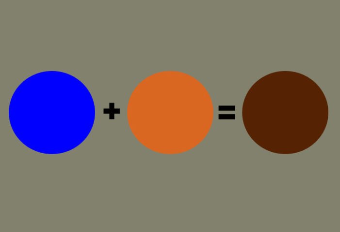 Bàn tay đang trộn hai màu cam và xanh dương trong bát, tạo ra sắc nâu làm nền cho màu nâu be.