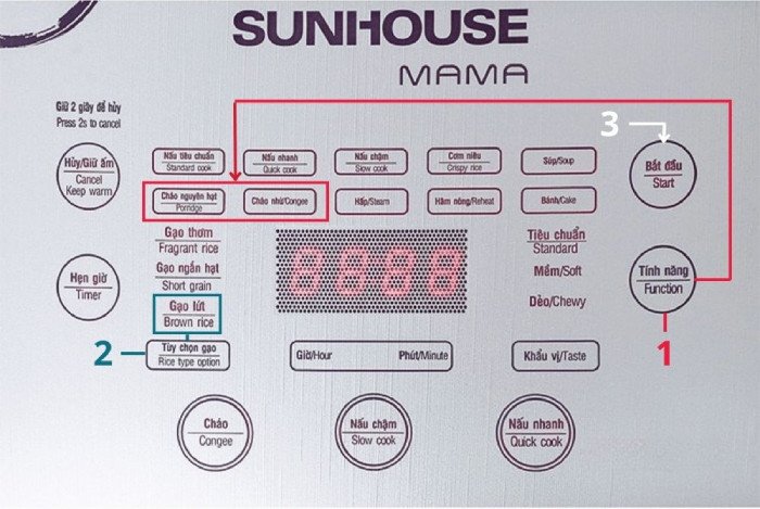Bảng điều khiển của nồi cơm điện tử với chế độ nấu gạo lứt