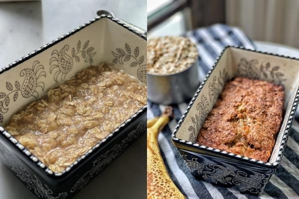 Bánh chuối nướng yến mạch sau khi hoàn thành, với lớp topping hạt hấp dẫn