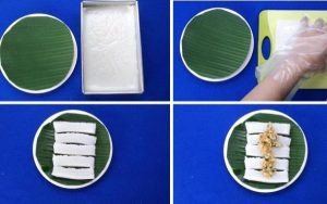 Bánh đúc mặn sau khi hấp chín, đang được cắt thành từng miếng vừa ăn để chuẩn bị thưởng thức món bánh mặn miền Tây.