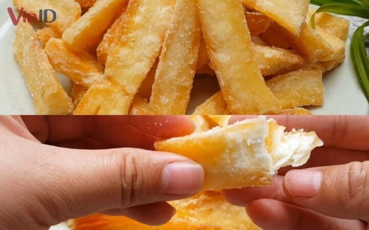 Bánh khoai mì chiên giòn rụm màu vàng óng, hấp dẫn