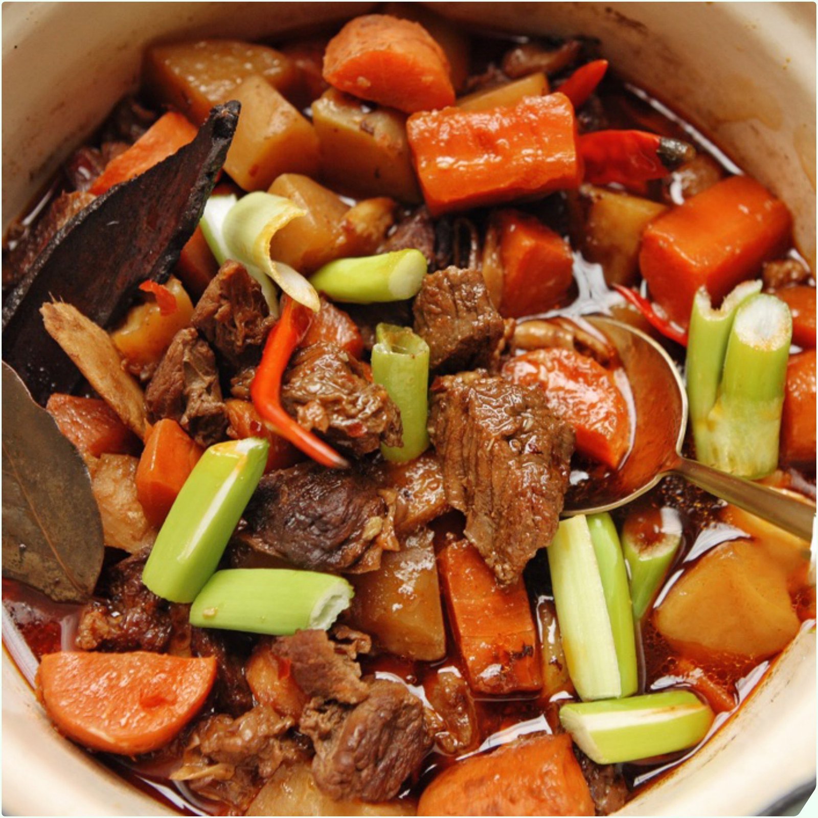 Bát bò kho nóng hổi, trang trí với hành lá và rau thơm, sẵn sàng để thưởng thức