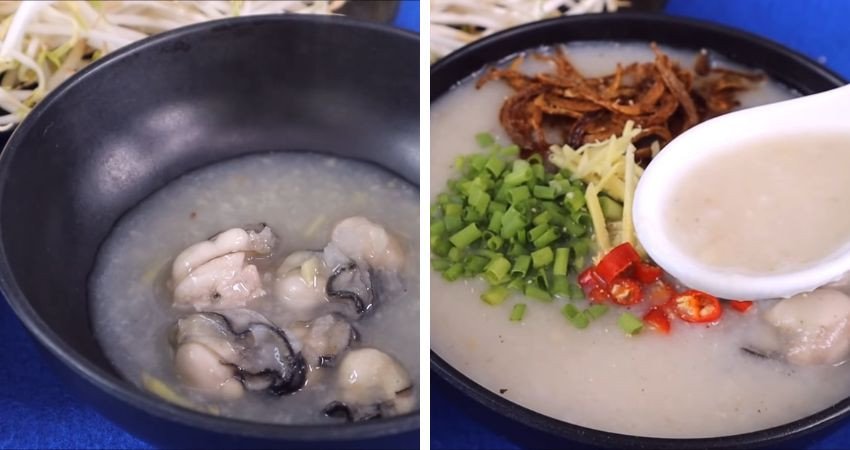 Bát cháo hàu dinh dưỡng đã hoàn thành, trang trí đẹp mắt với hành lá, gừng sợi và hành phi, sẵn sàng để thưởng thức.