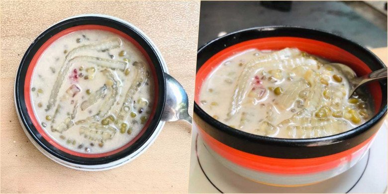 Bát chè đậu xanh không vỏ bột báng hoàn thành, rắc dừa khô