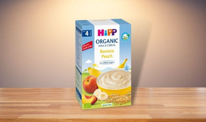 Bột ăn dặm HiPP sữa, ngũ cốc, chuối và đào hữu cơ hộp 250g (từ 4 tháng)