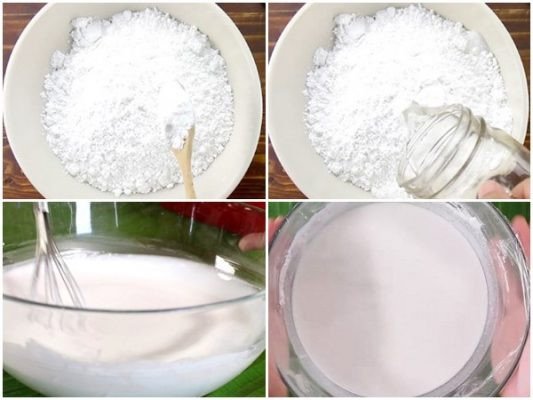 Bột gạo và bột năng đã pha sẵn để làm bánh bèo Huế, đảm bảo độ sánh mịn cho món ăn cố đô.