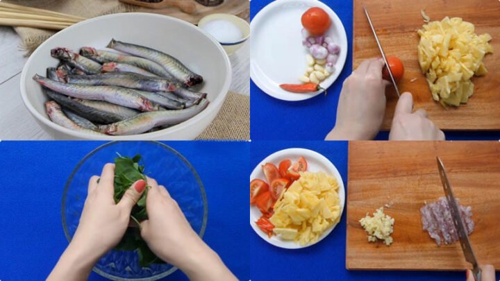 Cá kèo tươi và các loại rau gia vị chuẩn bị nấu lẩu cá kèo lá giang