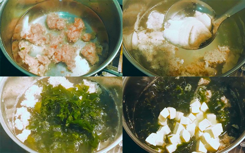 Các bước nấu canh rong biển đậu phụ trên bếp