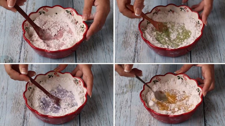 Các khối bột đã được pha màu tự nhiên để làm vỏ chè trôi nước