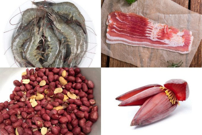 Các loại nguyên liệu tươi ngon chuẩn bị làm gỏi bắp chuối tôm thịt