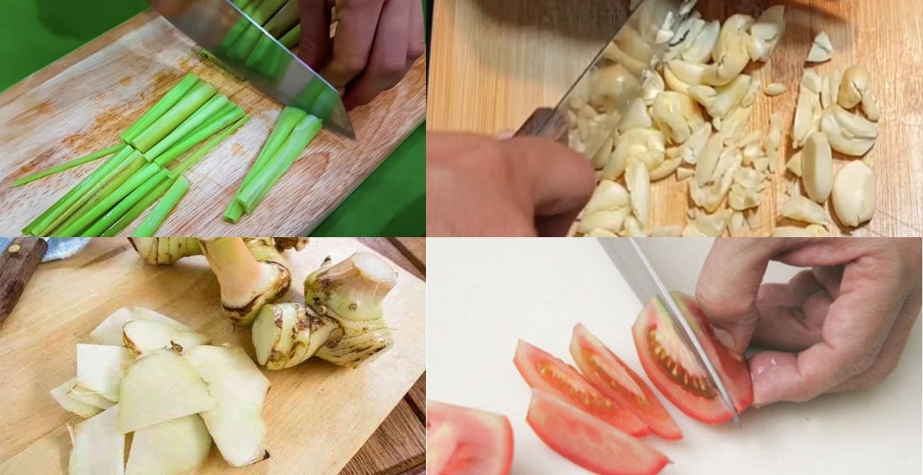 Các loại rau củ như cà chua, dứa, sả, ớt được sơ chế gọn gàng