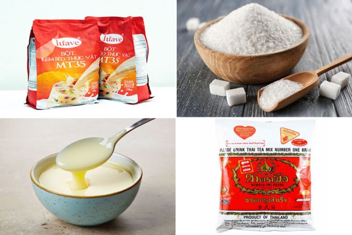 Các nguyên liệu cần thiết để làm trà sữa thái đỏ tại nhà bao gồm trà thái, sữa, đường và đá viên.