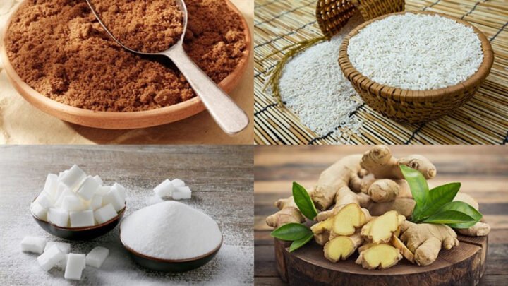Các nguyên liệu chính để nấu chè bà cốt bao gồm gạo nếp, gừng tươi và đường nâu