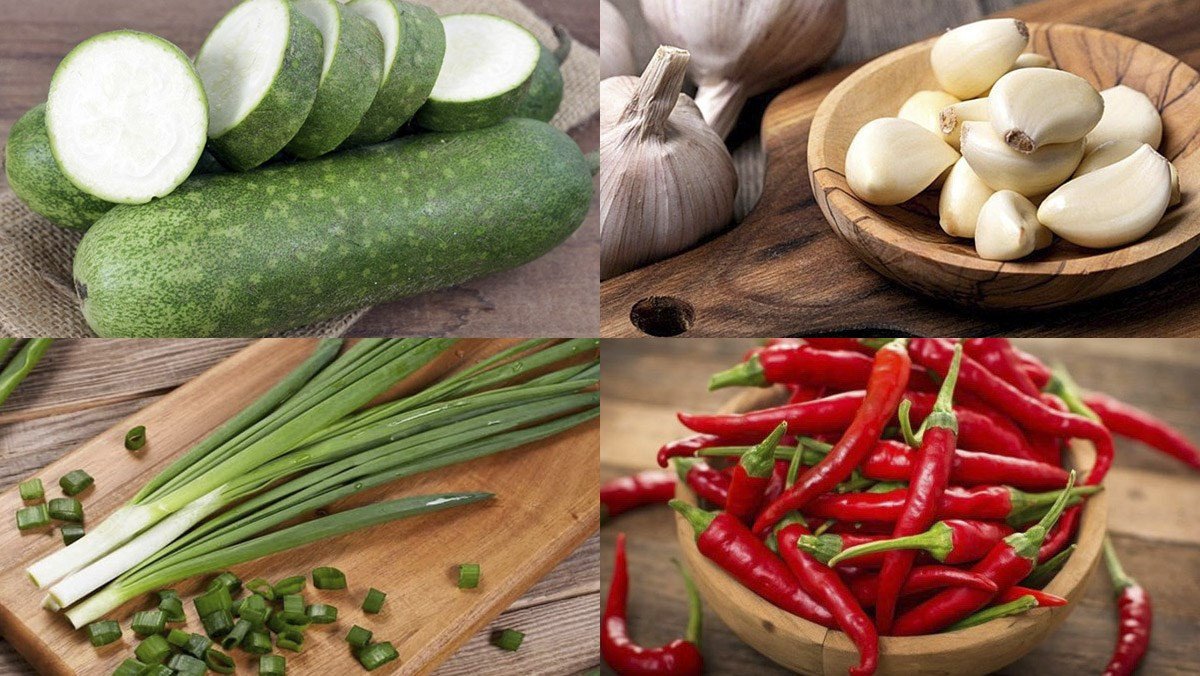 Các nguyên liệu chuẩn bị cho món bí đao xào tỏi, bao gồm bí đao, tỏi, hành lá và gia vị