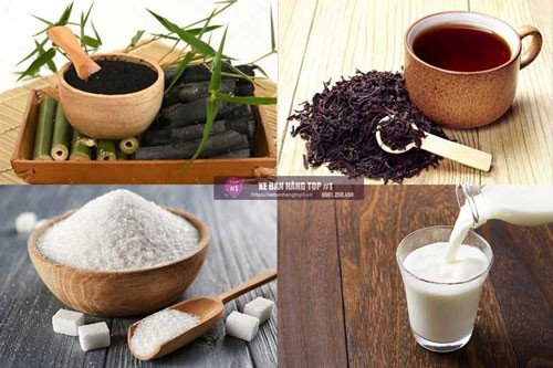 Các nguyên liệu chuẩn bị pha chế trà sữa than tre tại nhà