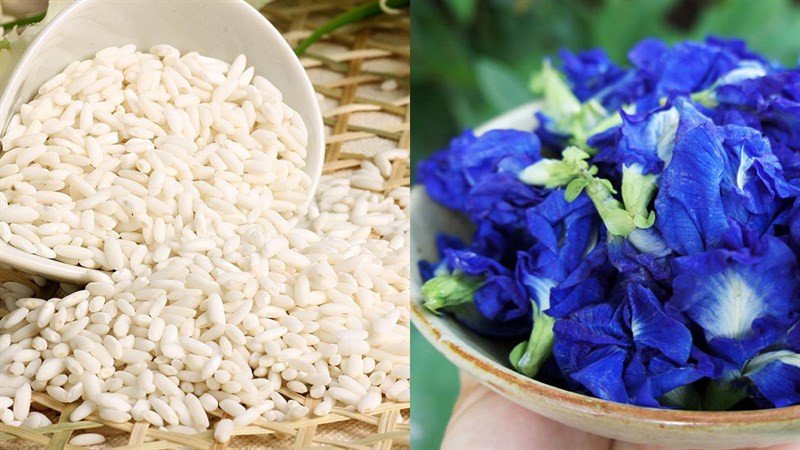 Các nguyên liệu cơ bản chuẩn bị nấu xôi hoa đậu biếc tại nhà