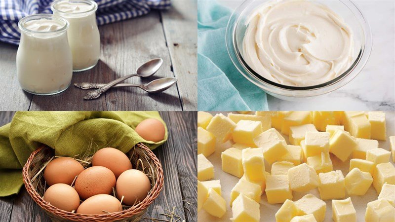 Các nguyên liệu cơ bản để thực hiện cách làm bánh phô mai nướng Basque Burnt Cheese, gồm cream cheese và trứng