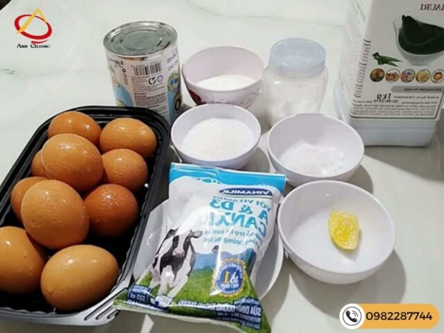 Các nguyên liệu cơ bản như trứng gà tươi, sữa đặc, sữa tươi và đường, sẵn sàng cho công thức làm bánh flan nướng.