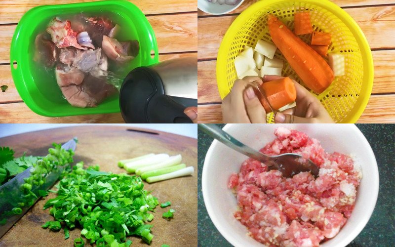 Các nguyên liệu như giò heo, cà rốt, củ cải đã được sơ chế sạch sẽ