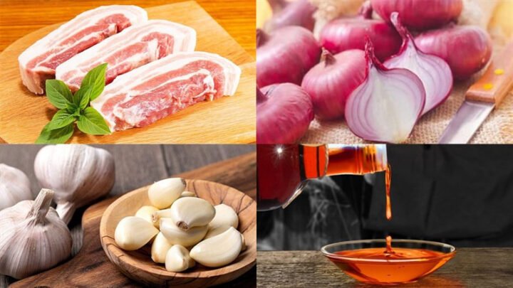 Các nguyên liệu tươi ngon cần có để chế biến món thịt kho keo đậm đà hương vị bao gồm thịt ba chỉ, tỏi, hành tím và gia vị thiết yếu