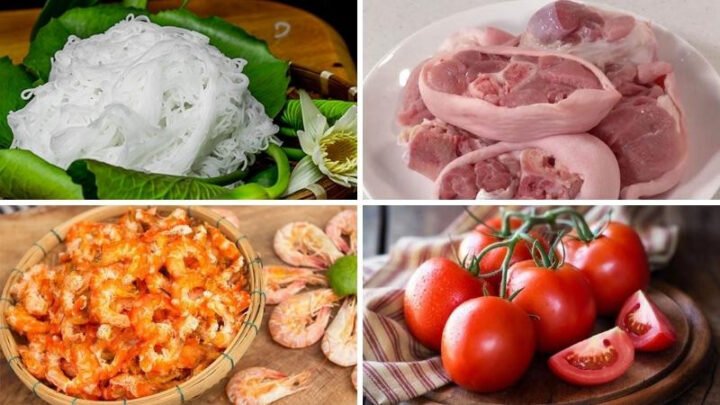 Các nguyên liệu tươi ngon chuẩn bị cho món bún riêu xương heo truyền thống
