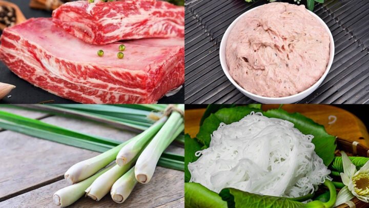 Các nguyên liệu tươi ngon chuẩn bị cho món bún xương bò, bao gồm xương bò, rau củ và gia vị.