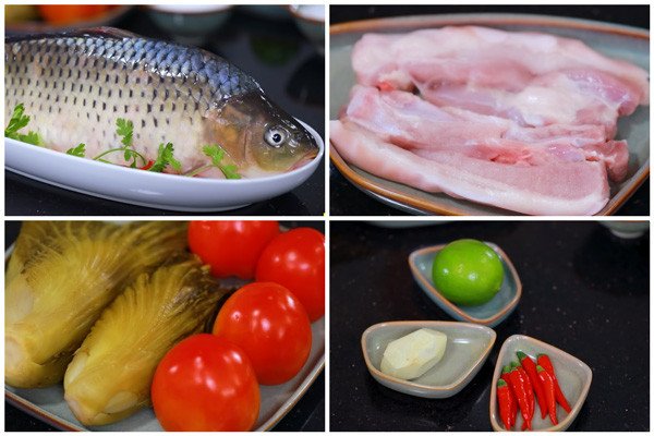 Các nguyên liệu tươi ngon chuẩn bị cho món cá chép om dưa cải chua