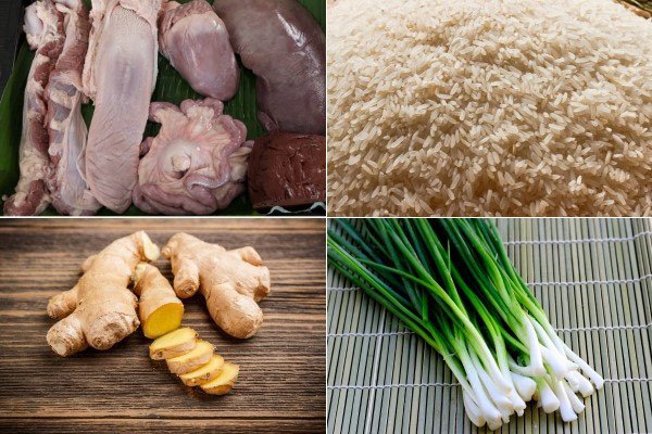 Các nguyên liệu tươi ngon chuẩn bị cho món cháo lòng heo