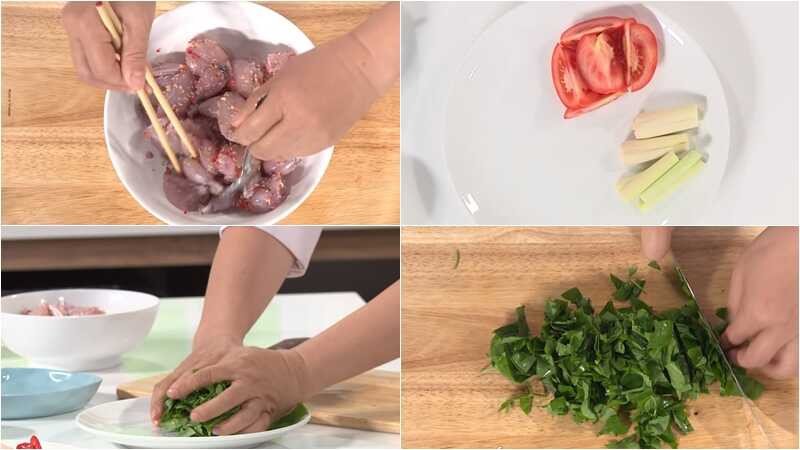 Các nguyên liệu tươi ngon chuẩn bị cho món lẩu ếch lá giang