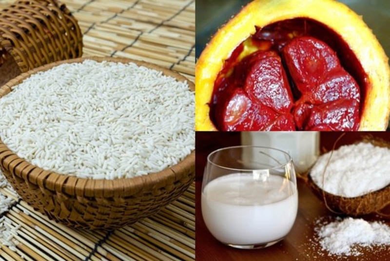 Các nguyên liệu tươi ngon chuẩn bị cho món xôi gấc nước cốt dừa