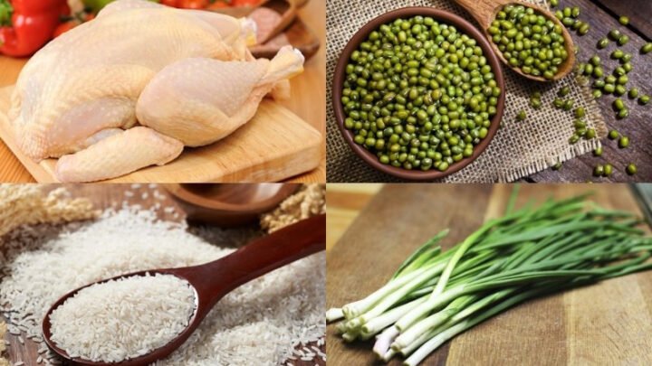 Các nguyên liệu tươi ngon chuẩn bị nấu cháo gà đậu xanh