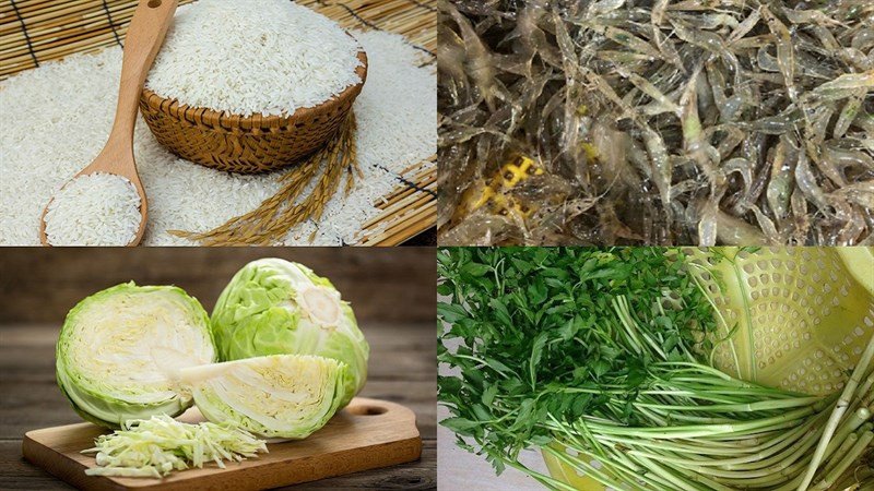 Các nguyên liệu tươi ngon để chuẩn bị cách làm bánh khoái Thanh Hóa, bao gồm tép đồng, bắp cải, rau cần và bột gạo