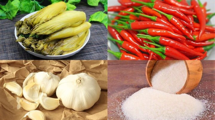 Các nguyên liệu tươi ngon để chuẩn bị cách xào dưa chua bao gồm dưa cải, tỏi, ớt và gia vị.