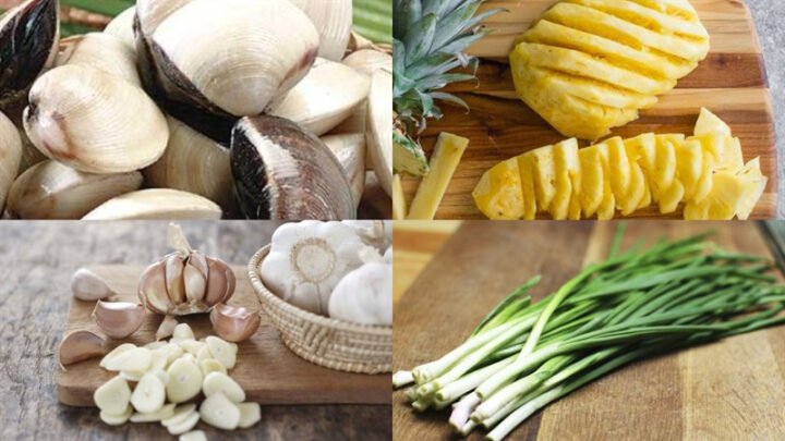 Các nguyên liệu tươi ngon để chuẩn bị món ngao xào dứa