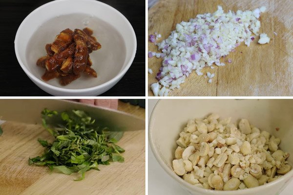 Các nguyên liệu tươi ngon được sơ chế tỉ mỉ để làm cút lộn xào me chuẩn vị, bao gồm trứng cút lộn, rau răm, tỏi và hành tím.