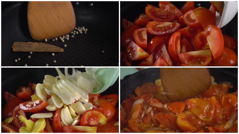 các nguyên liệu tương cà chua đang được đun mềm