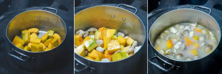 Bước 2: Nấu canh nấm rơm với bí đỏ Bước 2: Nấu canh nấm rơm với bí đỏ