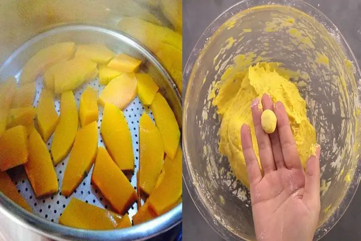 Bước 2: Hấp bí đỏ, luộc đậu phộng