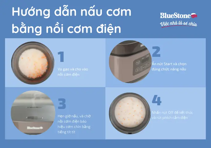 Hướng dẫn chi tiết cách nấu cơm bằng nồi Bluestone ngon dẻo