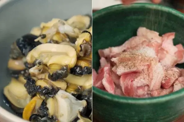 Ướp gia vị cho ốc bươu và thịt ba rọi