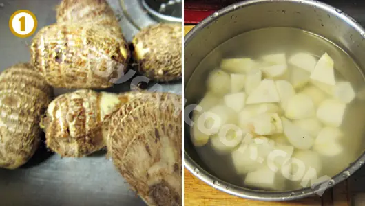 Gọt rửa khoai sọ sạch rồi cắt miếng vừa ăn