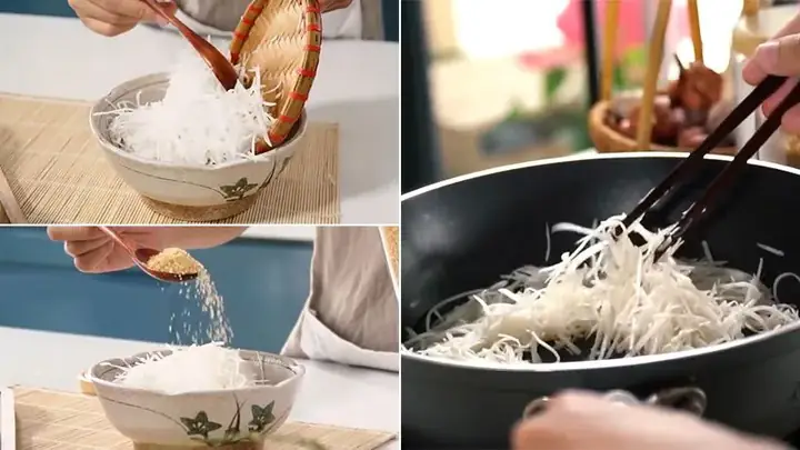 Bước 3: Xào dừa sợi ăn xôi cốm
