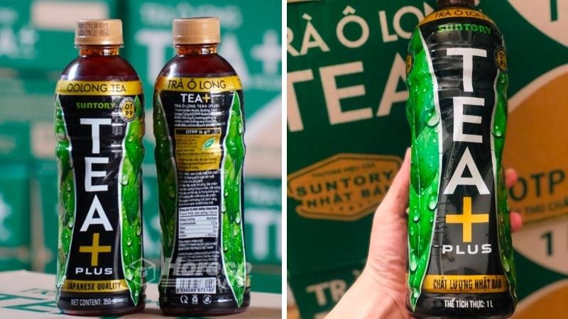 Chai trà ô long Tea Plus mát lạnh với lát chanh, minh họa lượng calo thấp và sự sảng khoái mà trà ô long Tea Plus mang lại