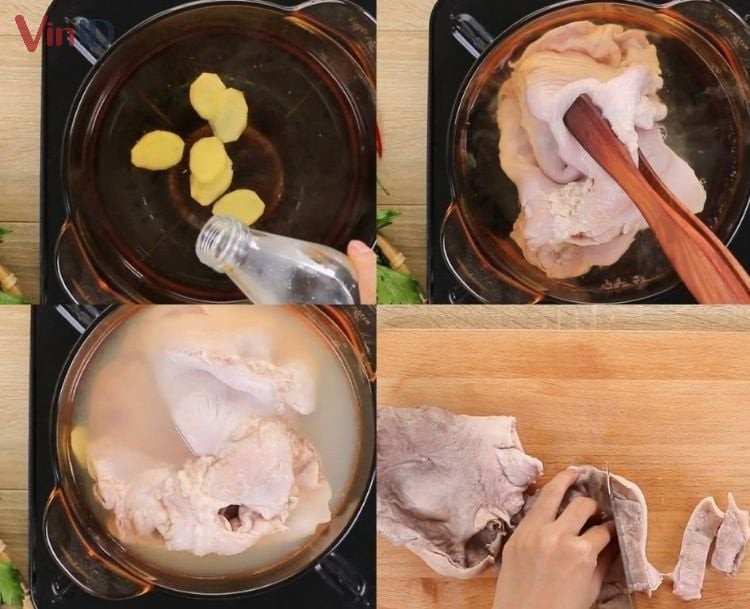 Chần bao tử heo với gừng và rượu để khử mùi